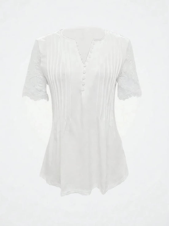 Women’s Notched Lace Short Sleeve Top – Elegant Summer Blouse for Casual & Dressy Outfits